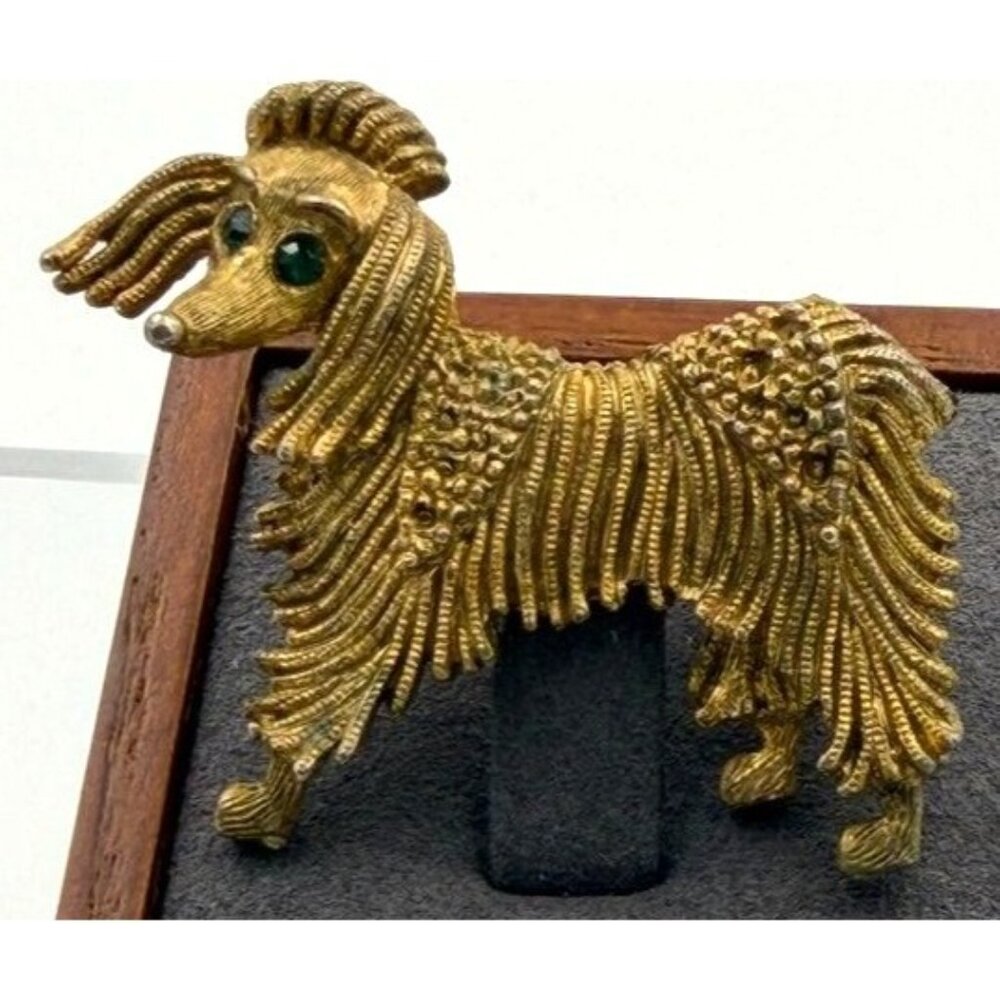 Vintage Dog Brooch Gold Tone Long Hair Poodle Green Eyes Figural 1 5/8"
